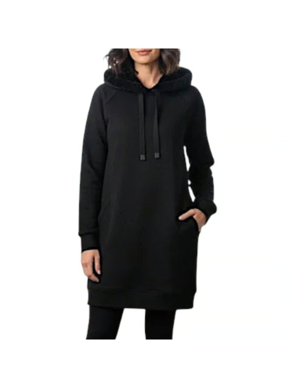 Athleta Black Triumph Pullover Faux Fur Hoodie Sweatshirt, Size M